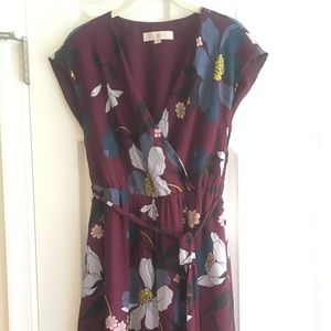 Oxblood floral surplice LOFT dress